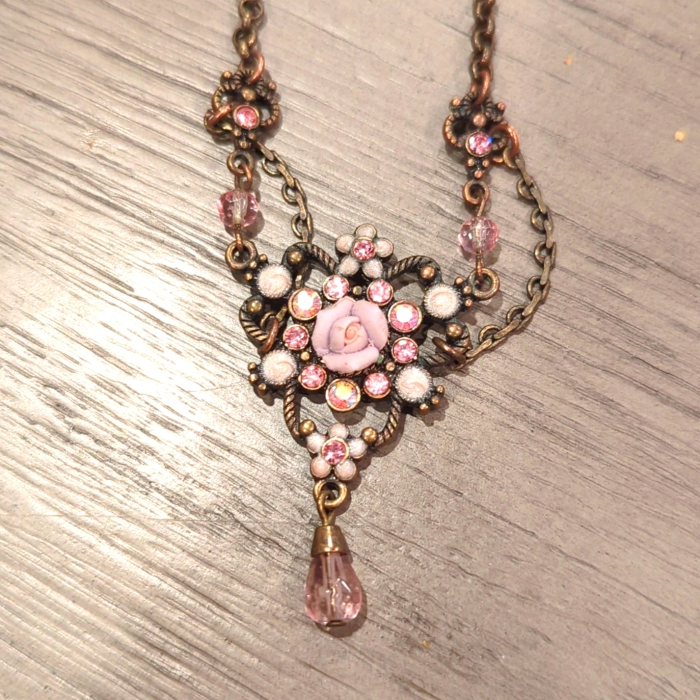 Vintage pink rose flower necklace.
